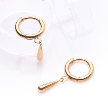 Detail View 1 of A Pair of Implant Grade Titanium Golden Huggie Hoop Teardrop Dangle Earring